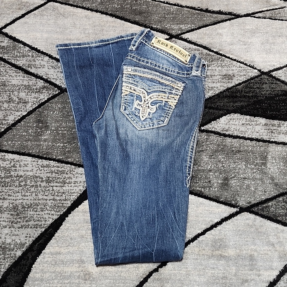 ROCK REVIVAL BORIS EMBROIDERED DESTRUCTION RHINESTONES BOOT LEG DENIM JE…